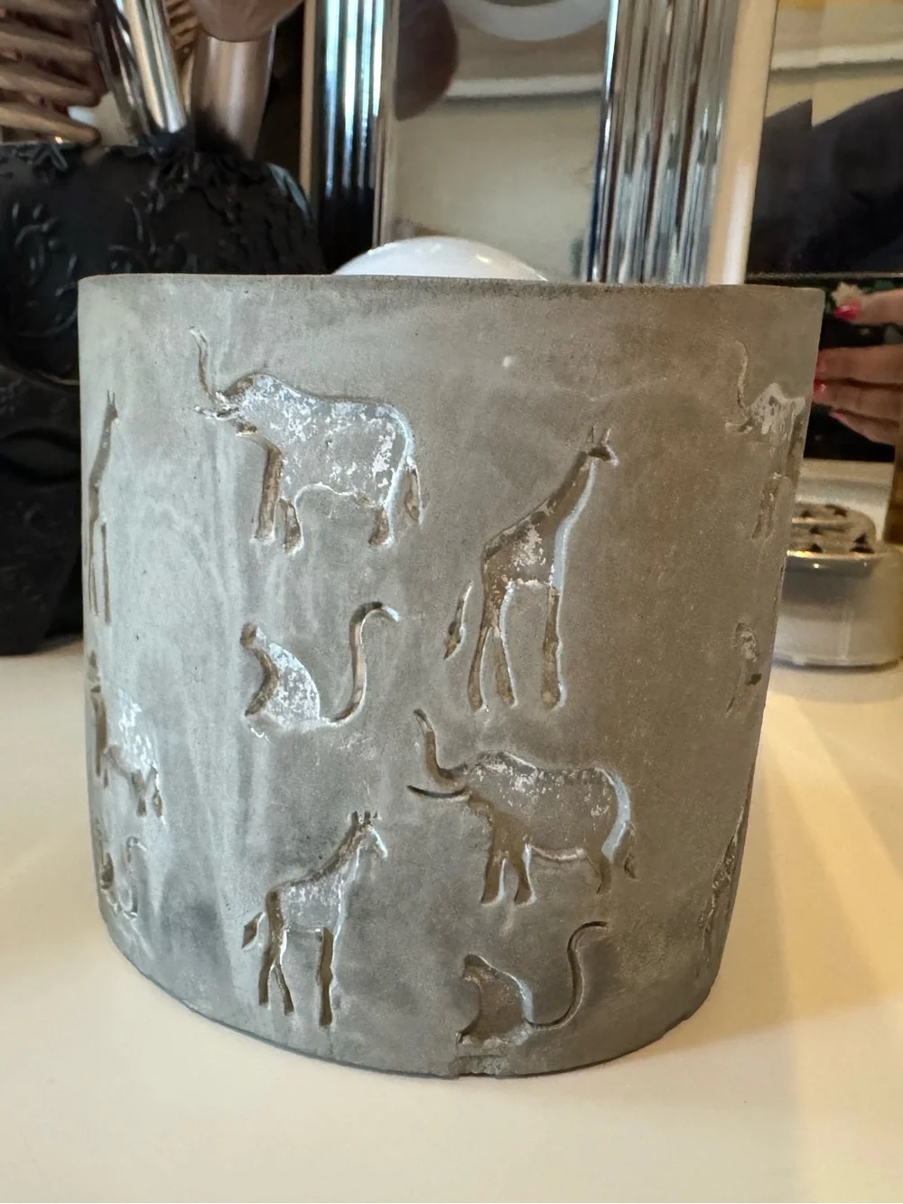 Gray Cement Safari Animal Planter Pot 4” Embossed Elephant Giraffe